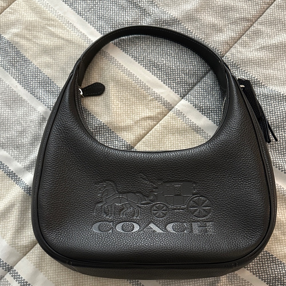 Coach Black Pebbled Leather Shoulder Bag with Embossed Coach Carriage